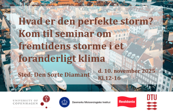 Billede viser Nyhavn i København med skriften invitation til seminar om fremtidens storme
